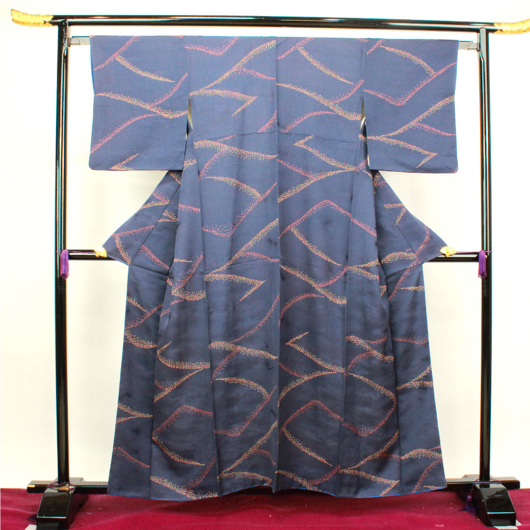 Komon, Length 158cm, Sleeve length 63.5cm, Lined, Blue-brown, Abstract pattern, Pure silk, A rank, Navy blue, 1115003493318