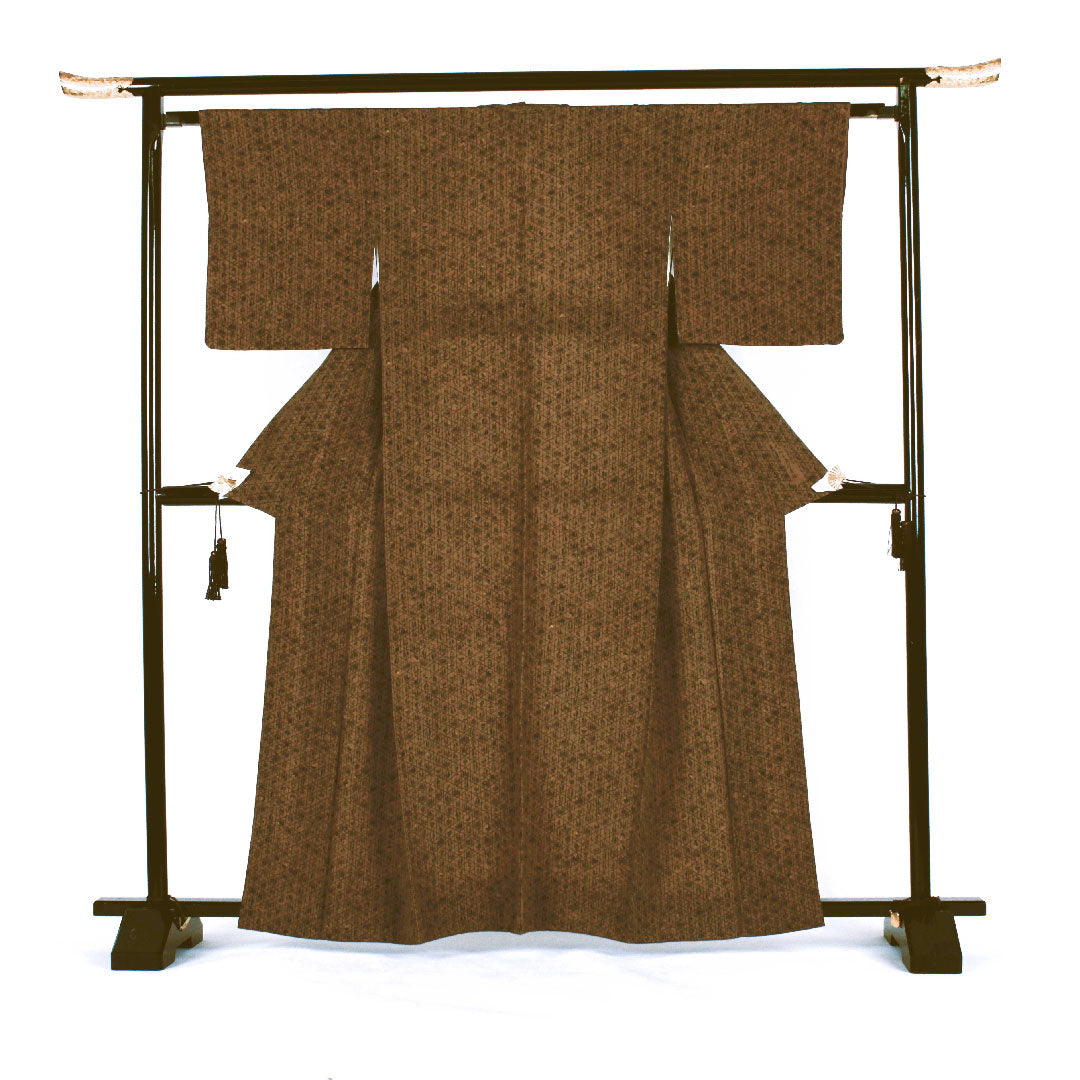 小紋 身丈162cm 裄丈63cm 袷  南部幸雄 籠目に野菜模様 正絹 Aランク 茶系 1115000603314
