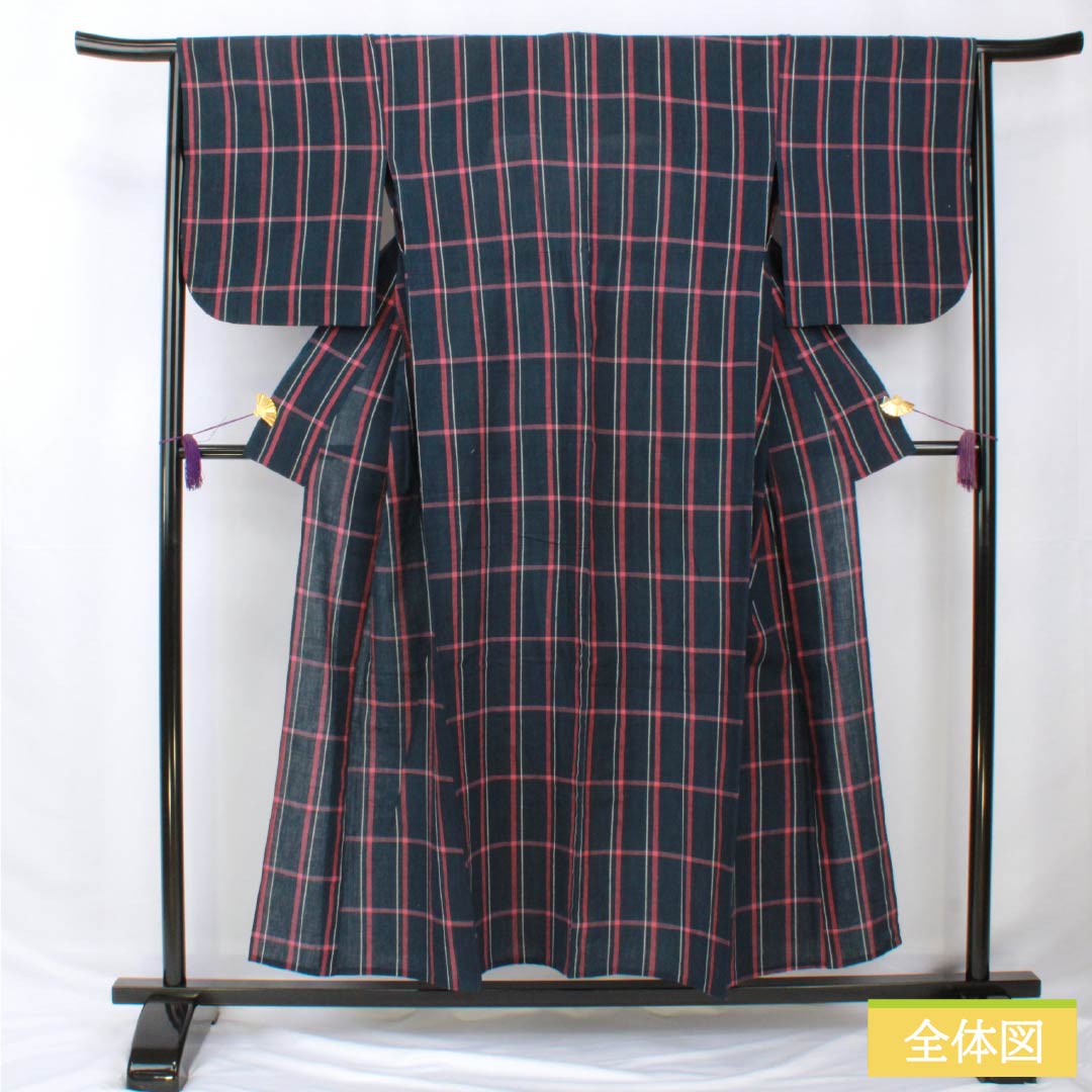 Yukata Cotton Length 154cm Sleeve length 65cm B rank Single layer Navy blue Indian indigo Shijira weave Check pattern 1118005624218