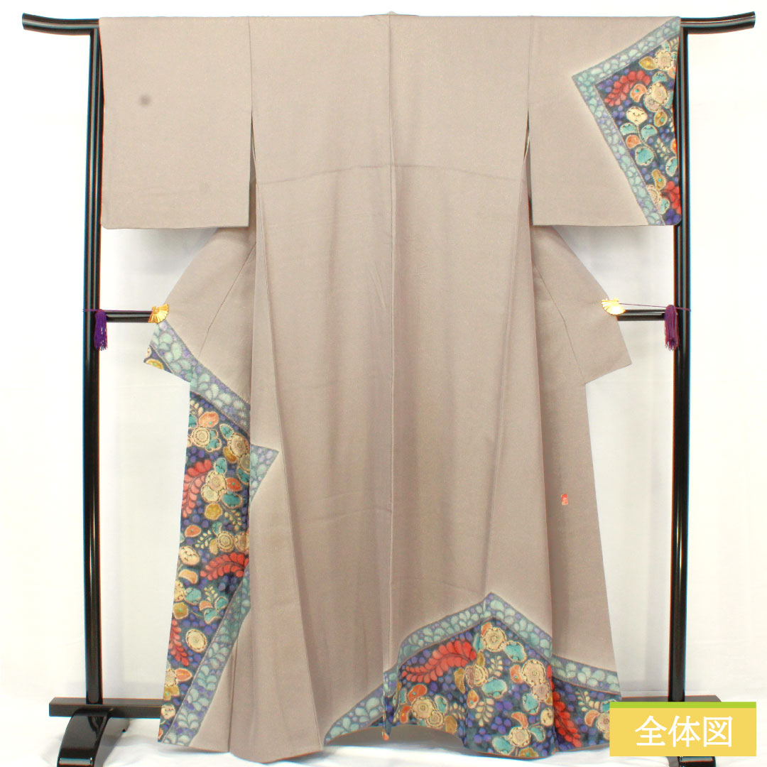 Homongi (formal kimono) made of pure silk, lined, length 159.5cm, sleeve length 64.5cm, purple-gray, Tsujigahana pattern, gold thread, A-rank, gray, 1112005063322