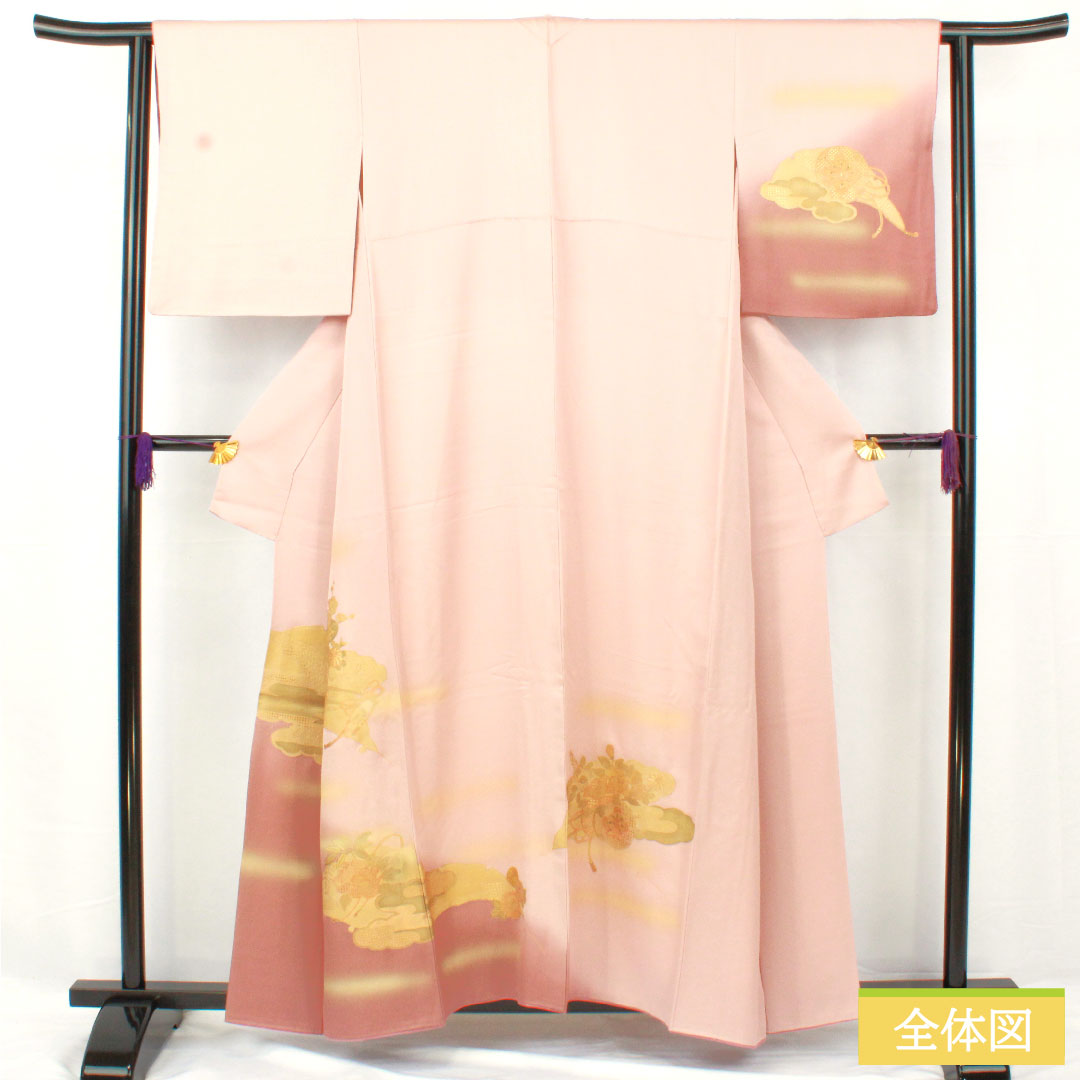 Homongi, pure silk, lined, length 156.5cm, sleeve length 62.5cm, modern colors, Kyoto Yuzen, Shantou embroidery, flower cart, S rank, pink, 1112004942313