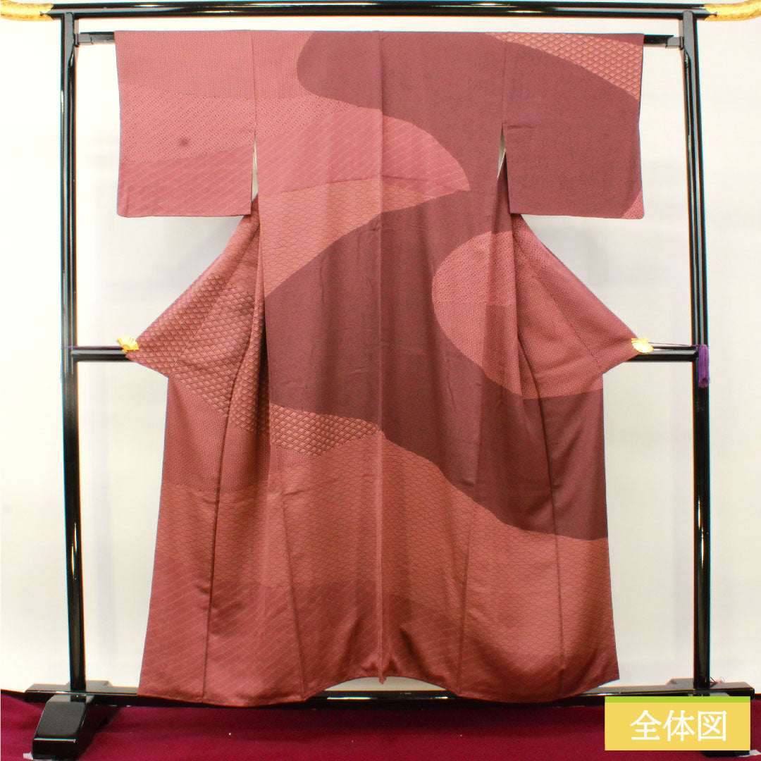 Homongi, pure silk, lined, length 155.5cm, sleeve length 63.5cm, red dye, stencil dyeing, split pattern, layered collar, S rank, purple, 1112004792320