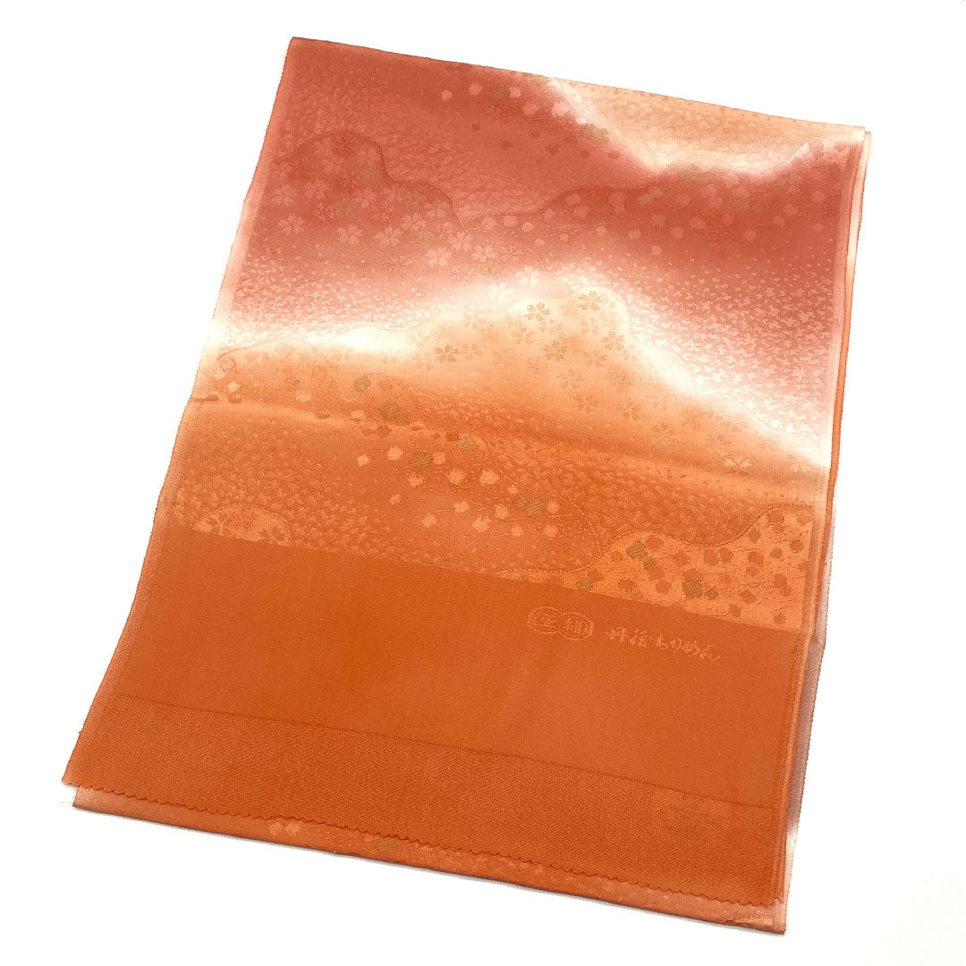(Like New) Semi-Formal Silk Obiage (Sash) in Coral Blue (Sangoiro) with Tango Chirimen Chirimen Gradient and Cherry Blossom Design, Approximately 180cm Long, 32cm Wide, Orange, Product Number: 1136001181926