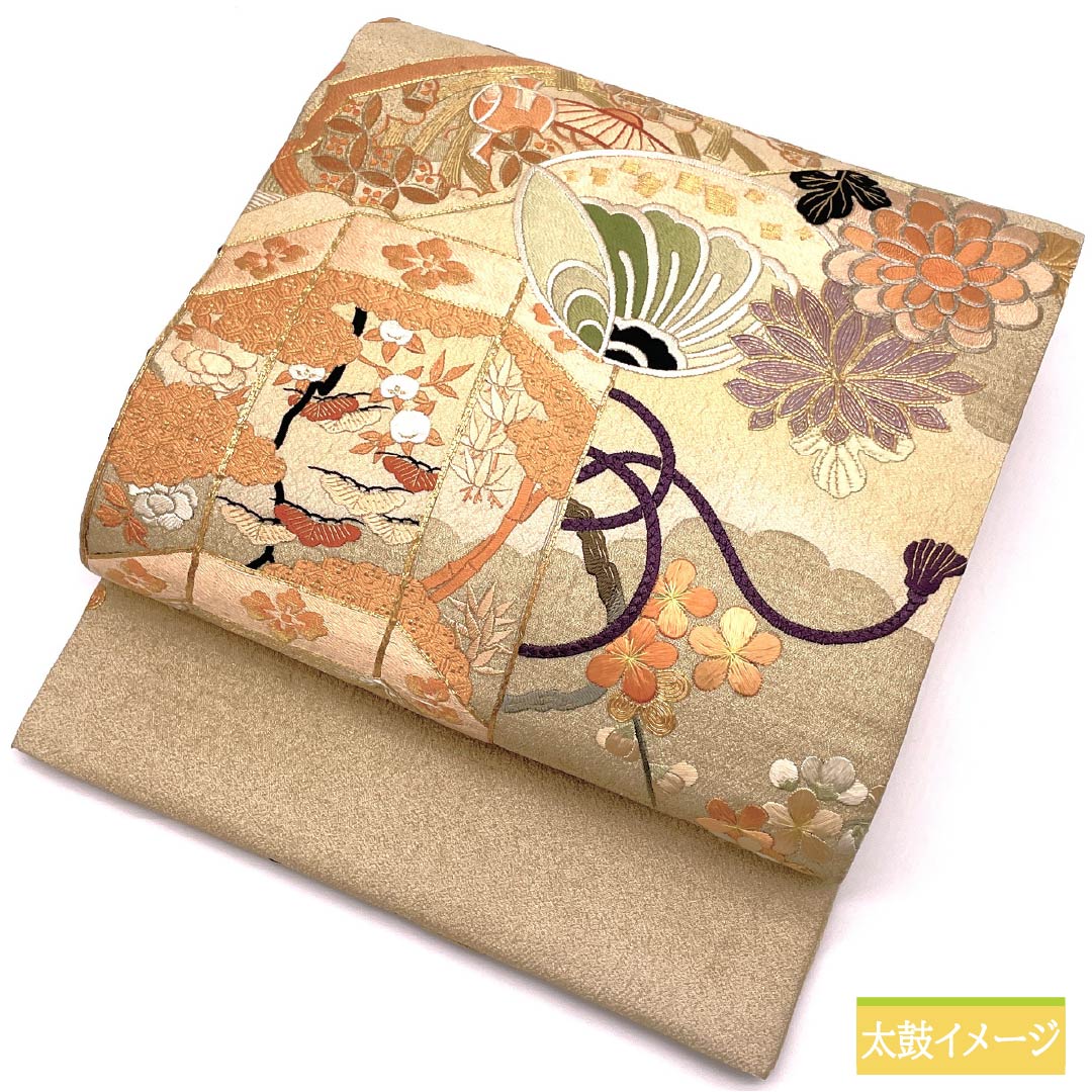 (Maru obi) Fukuro obi, pure silk, Torinoko color, Maru obi, antique, embroidery, obi length 410cm, A rank, point pattern, formal, beige, 1123013863325