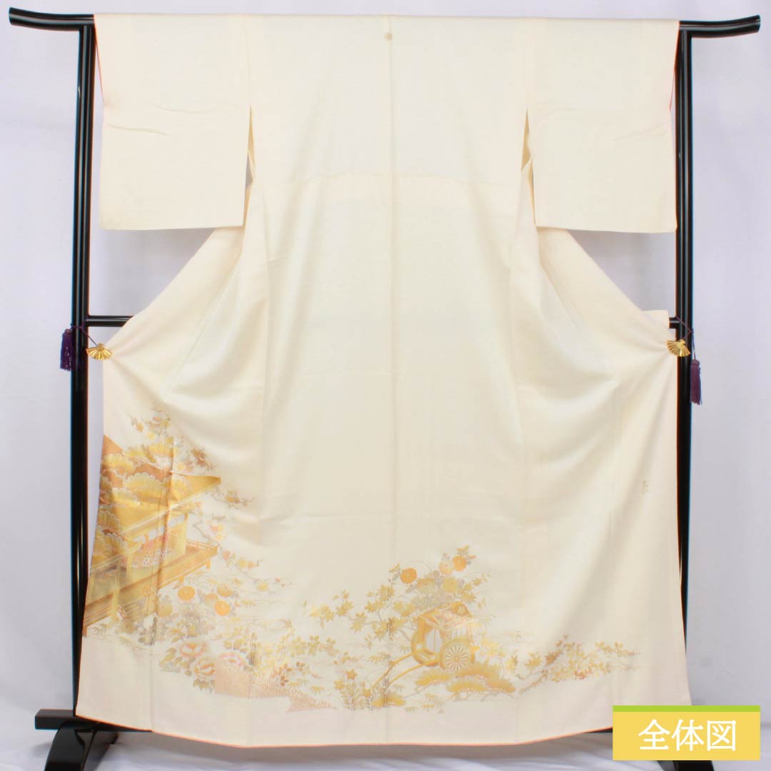 色留袖 正絹 Sランク 身丈160cm 裄丈60.5cm 袷 乳白色（にゅうはくしょく） 一つ紋 丸に木瓜 和田光正 金彩加工 時代風景模様 御所車 一つ紋 白系 1111002012411