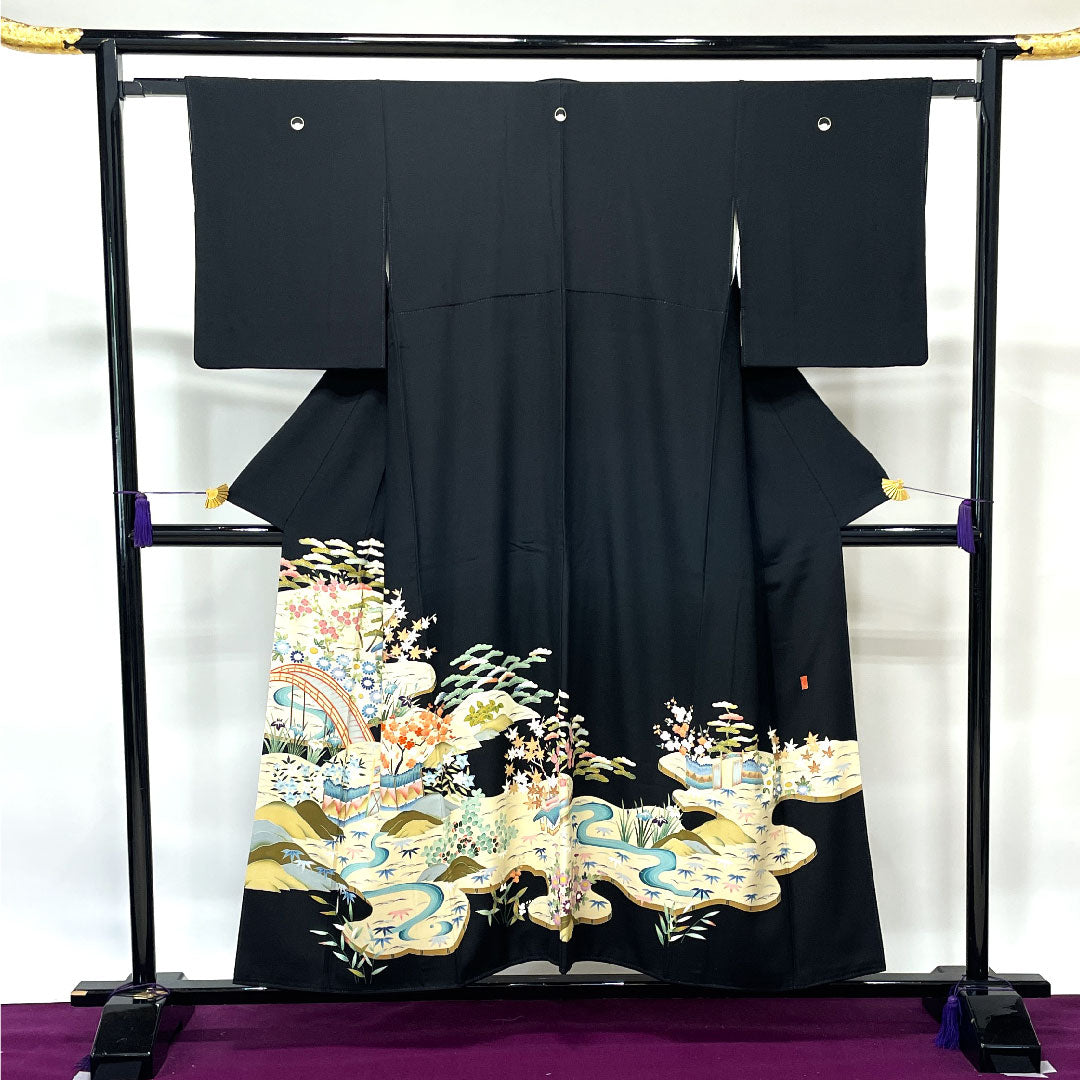 Black Tomesode, Length 154.5cm, Sleeve Length 62cm, Awase, Kyoto Yuzen, Landscape Pattern, Thread Ring and Peeking Mokko, Pure Silk, A Rank, Five Crests, Black, 1111000883210