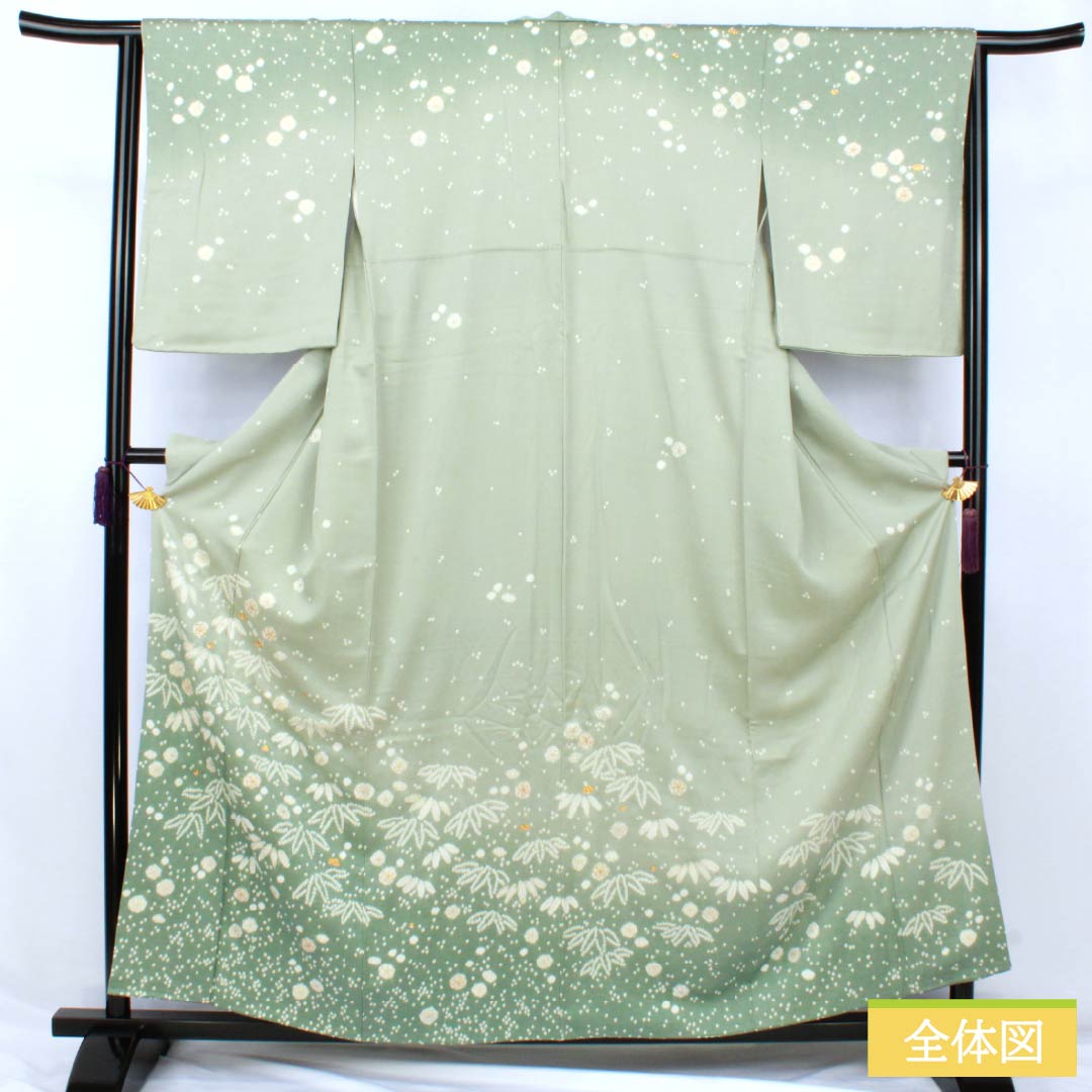 訪問着 正絹 Aランク 袷 身丈158.5cm 裄丈63cm 青磁色（せいじいろ） 一つ紋 金駒刺繍 絞り 重ね衿付き 梅 緑系 1112007333319