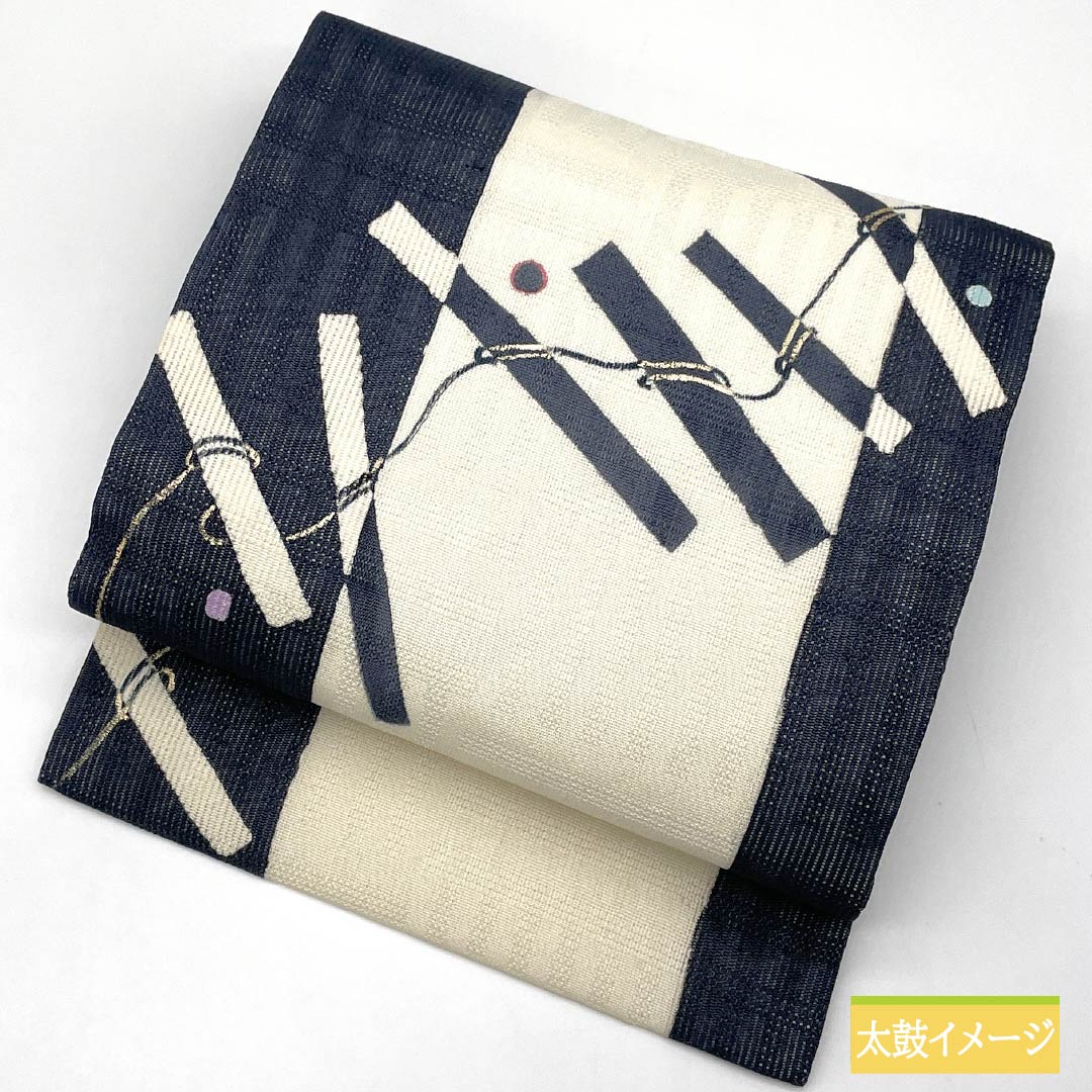 Nagoya obi, pure silk, dark blue, dyed obi, abstract pattern, summer obi, obi length 374cm, A rank, point pattern, casual, blue, 1124006793317, open style
