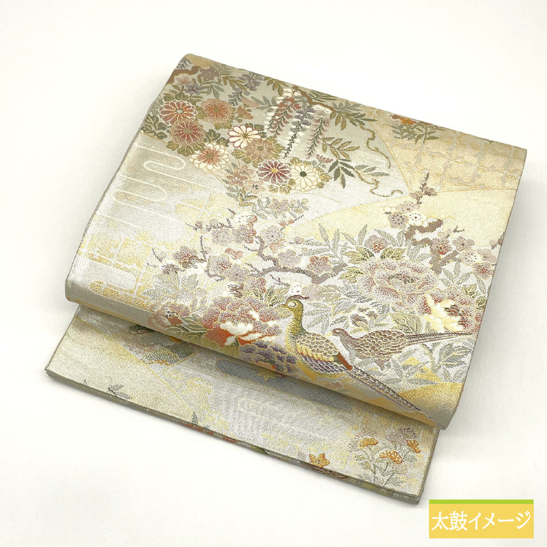 Nishijin-ori Silk Fukuro Obi (Sash), Grade A, with a Fan and Auspicious Design, Length 434cm, Six-Ply, Formal, Silver, Product Number: 1123016173322
