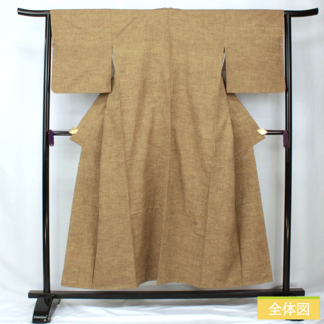 Pure silk tsumugi (pongee) kimono, length 152cm, sleeve length 64cm, agarwood color (kyara-iro), plain, with basting threads, S rank, lined, brown, product number 1116003852214