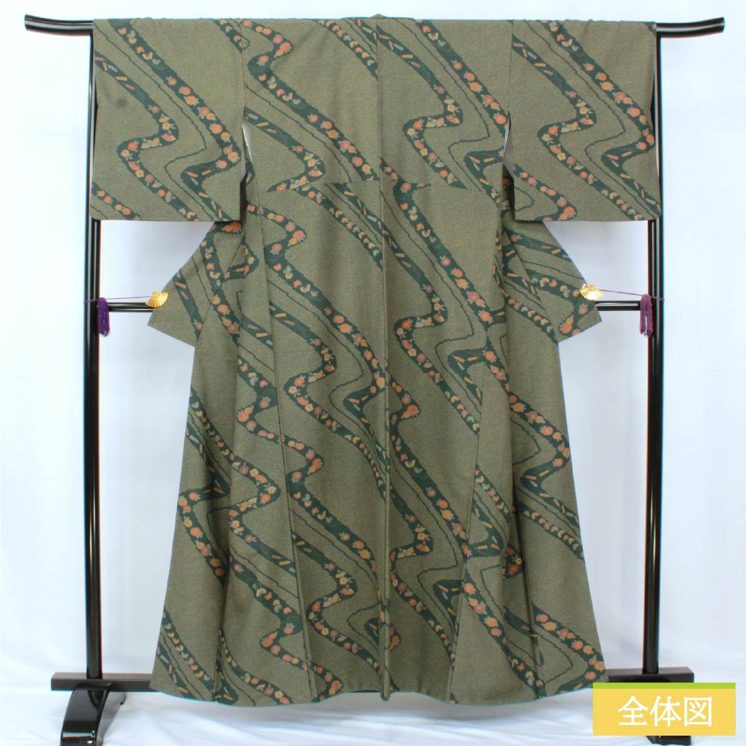 Small pattern, polyester, length 159cm, sleeve length 67cm, lined, iron color, washable kimono, flowing water, butterfly, S rank, green, 1115005192319