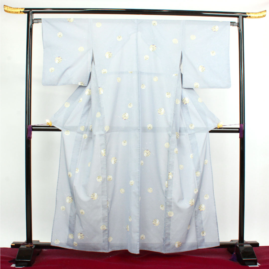 Summer kimono, polyester, small pattern, length 161cm, sleeve length 65cm, pale white, rabbit, floral pattern, washable kimono, silk, A rank, light blue, 1132000863424