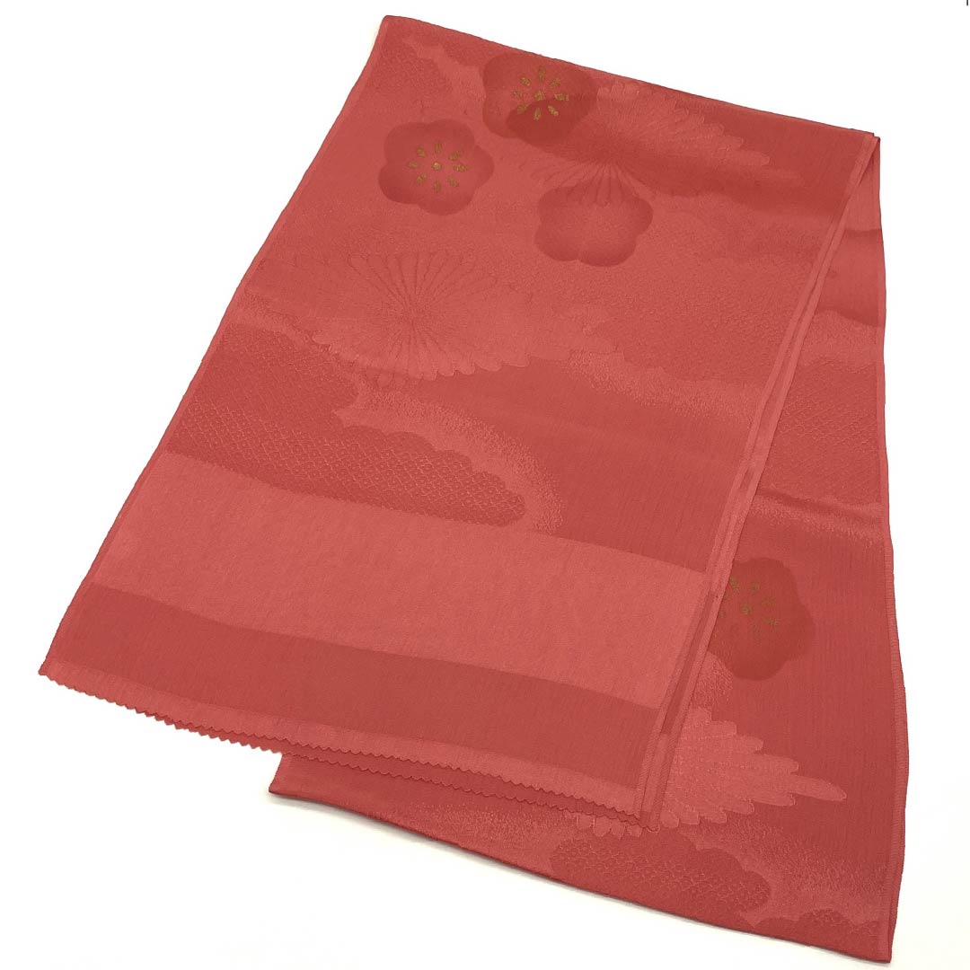 （新古品） 帯揚げ 正絹 フォーマル 甚三紅色（じんざもみいろ） 梅 菊菱 雲取り 長さ約168cm 幅約29.5cm Sランク 赤系 1136000132912