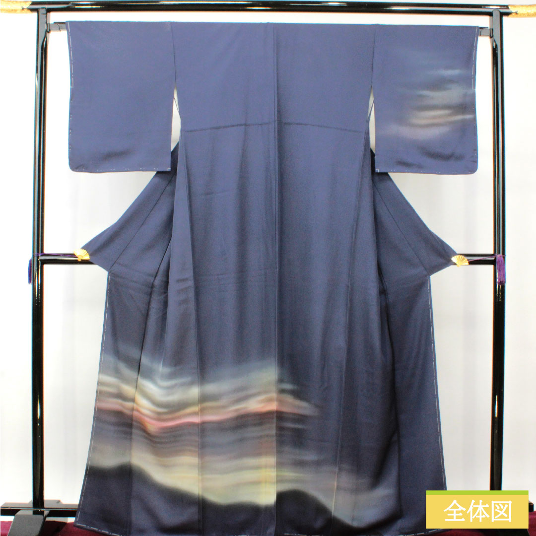 訪問着 正絹 袷 身丈167cm 裄丈66.5cm 瞑色（めいしょく） 風景模様 Aランク 紺系 1112004293518