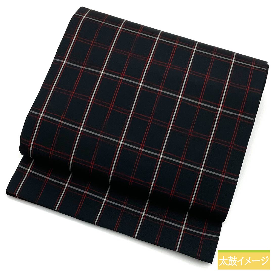Nagoya Obi, Pure Silk, Grade B, Plaid Check Pattern, 380cm Long, Full Length, Casual, Black, 1124010624410, Open-Leg Style