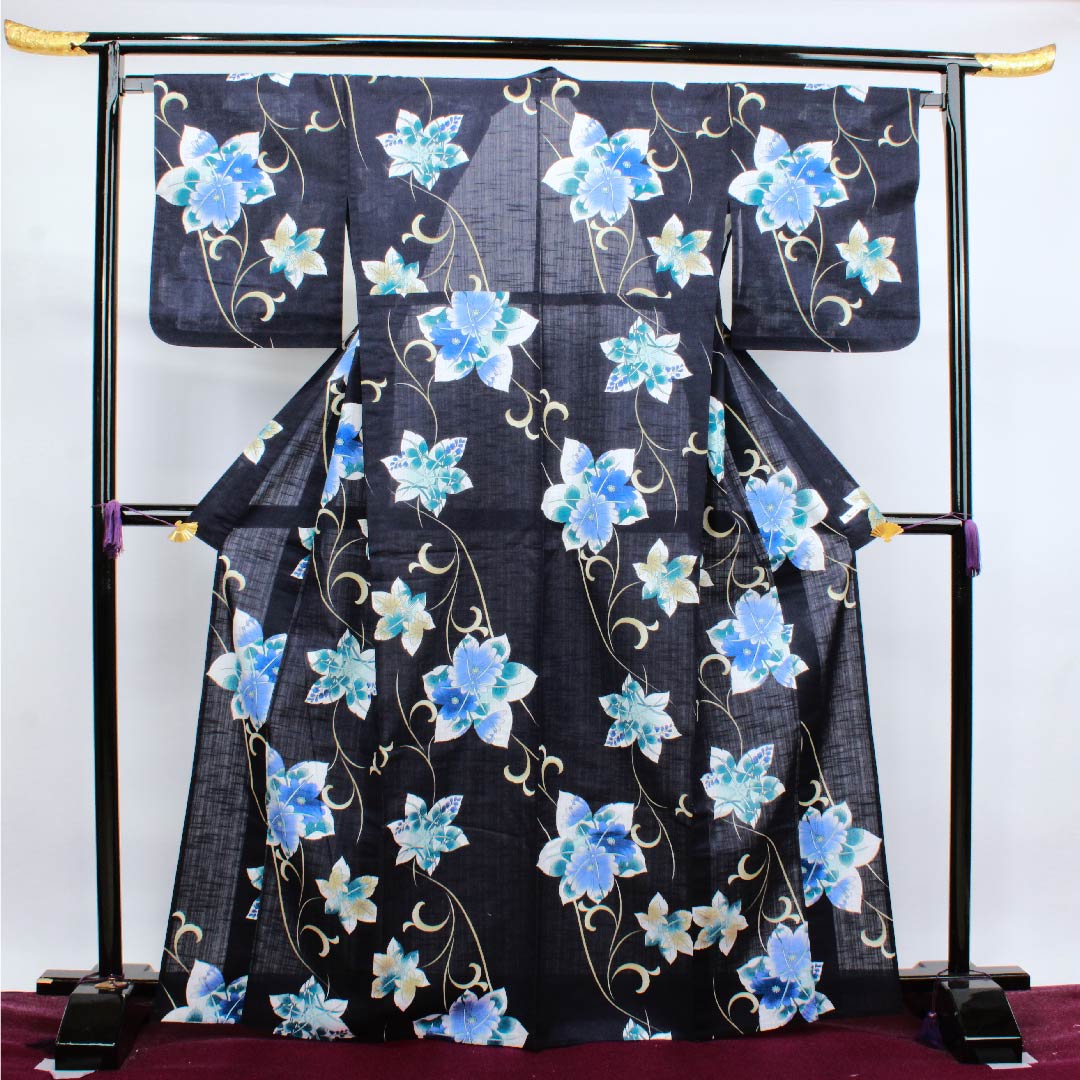 Yukata, dark blue, bush clover, maple leaves, chrysanthemum, arabesque cotton, S rank, single layer, length 167cm, sleeve length 67cm, navy blue, 1118004432518