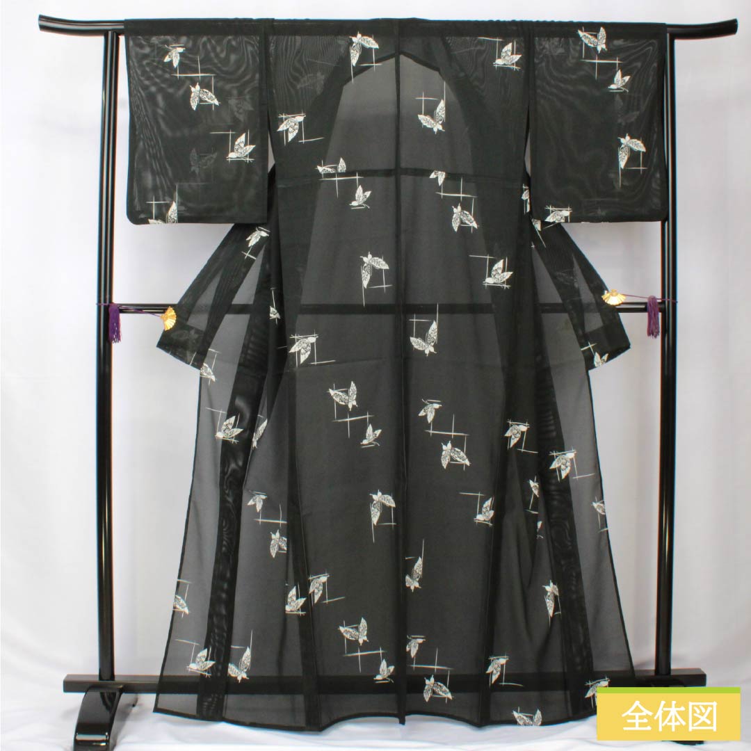 Summer Polyester Komon Kimono, Length 165.5cm, Sleeve Length 64cm, Plaid and Butterfly Design, Silk, Rank A, Black, 1132002383510