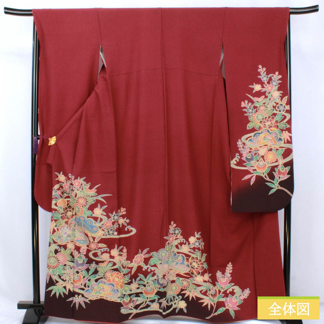 振袖 正絹 Sランク 身丈164cm 裄丈67cm 袷 臙脂色（えんじいろ） 京紅型 吉祥文様 ちりめん地 パールトーン加工 赤系 1113002492412