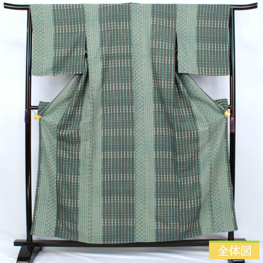 Polyester Komon, Rank S, Length 158cm, Sleeve-to-shoulder 65.5cm, Lined, Chalcanthite (Tanbairo) Color, Stenciled Dyeing, Abstract Pattern, Half-lined, Washable Kimono, Green-based, 1115007932319