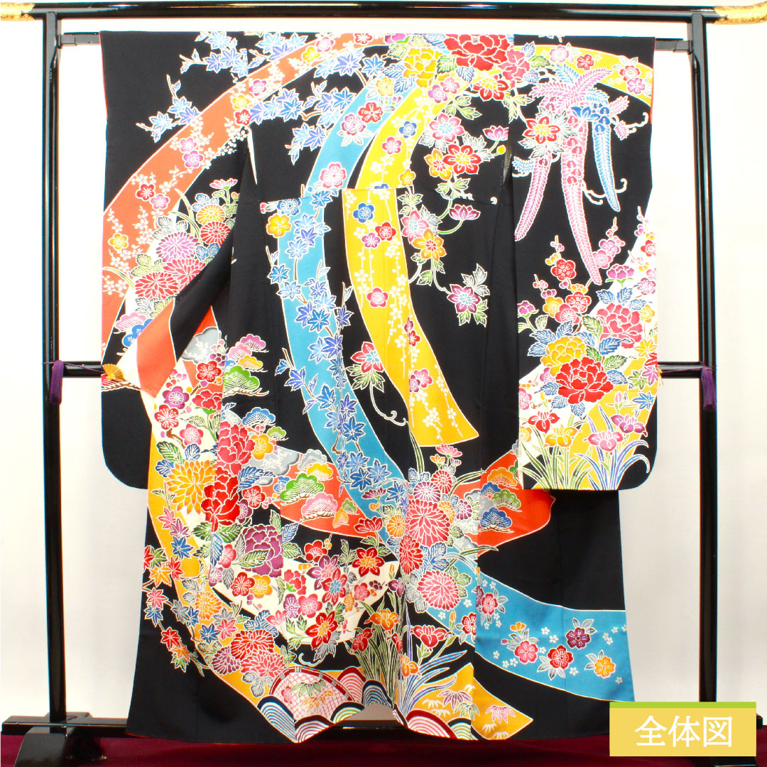 振袖 正絹 身丈157cm 裄丈63cm 袷  京紅型 草花模様  Sランク 黒系 1113001862310