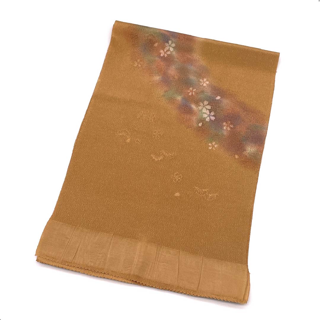 Obiage, pure silk, formal, Enshu brown, gold thread, cherry blossom, floral pattern, length 172cm, width 30cm, S rank, brown, 1136000422914