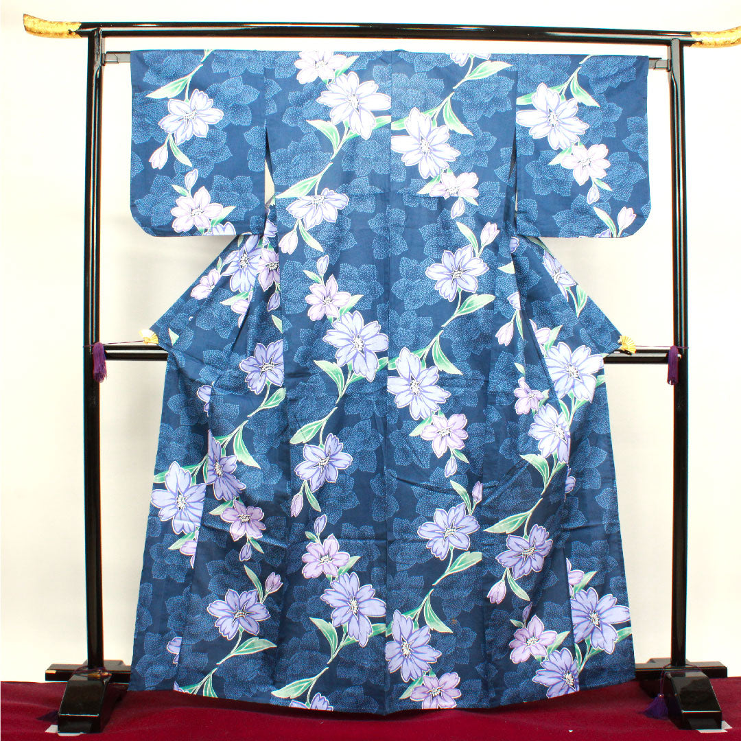 Yukata, Korean blue, azalea, cotton, S rank, single layer, length 165cm, sleeve length 66cm, navy blue, 1118003602518
