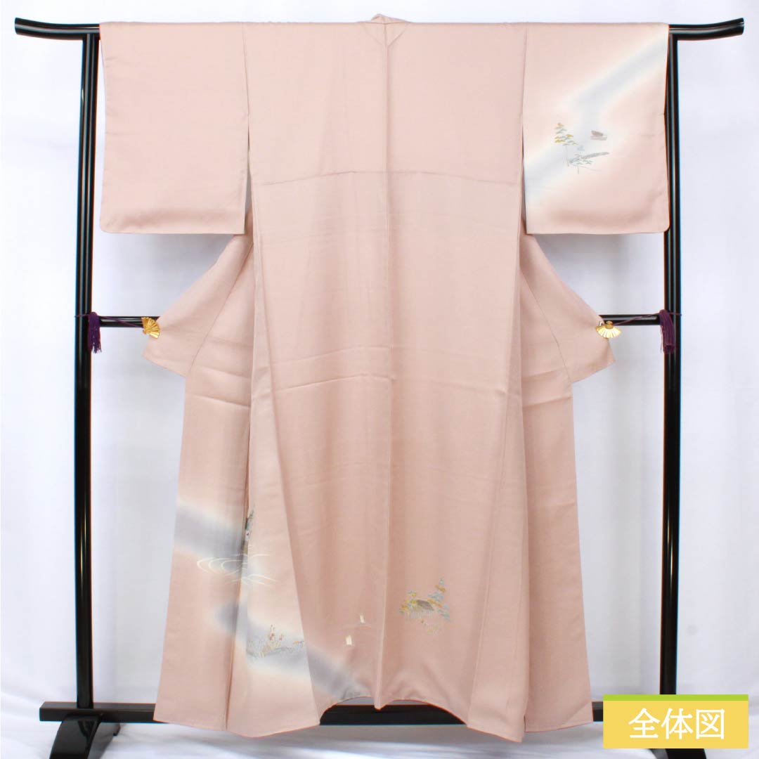 Visiting Kimono, Pure Silk, S Rank, Lined, Length 155.5cm, Sleeve Length 64.5cm, Naniwa Nezuiro (Naniwa Nezu-iro) Design, Kyoto Yuzen, Tsukesage, Child Design, Flowing Water Design, with Basting Thread, Pink, Product Number: 1112006612313