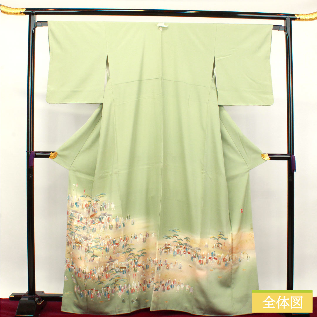 色留袖 正絹 身丈165cm 裄丈64.5cm 袷 裏葉色（うらはいろ） 京友禅 大名行列 梅鉢 一つ紋 しつけ糸付き 未使用品 Sランク 一つ紋 緑系 1111001202519