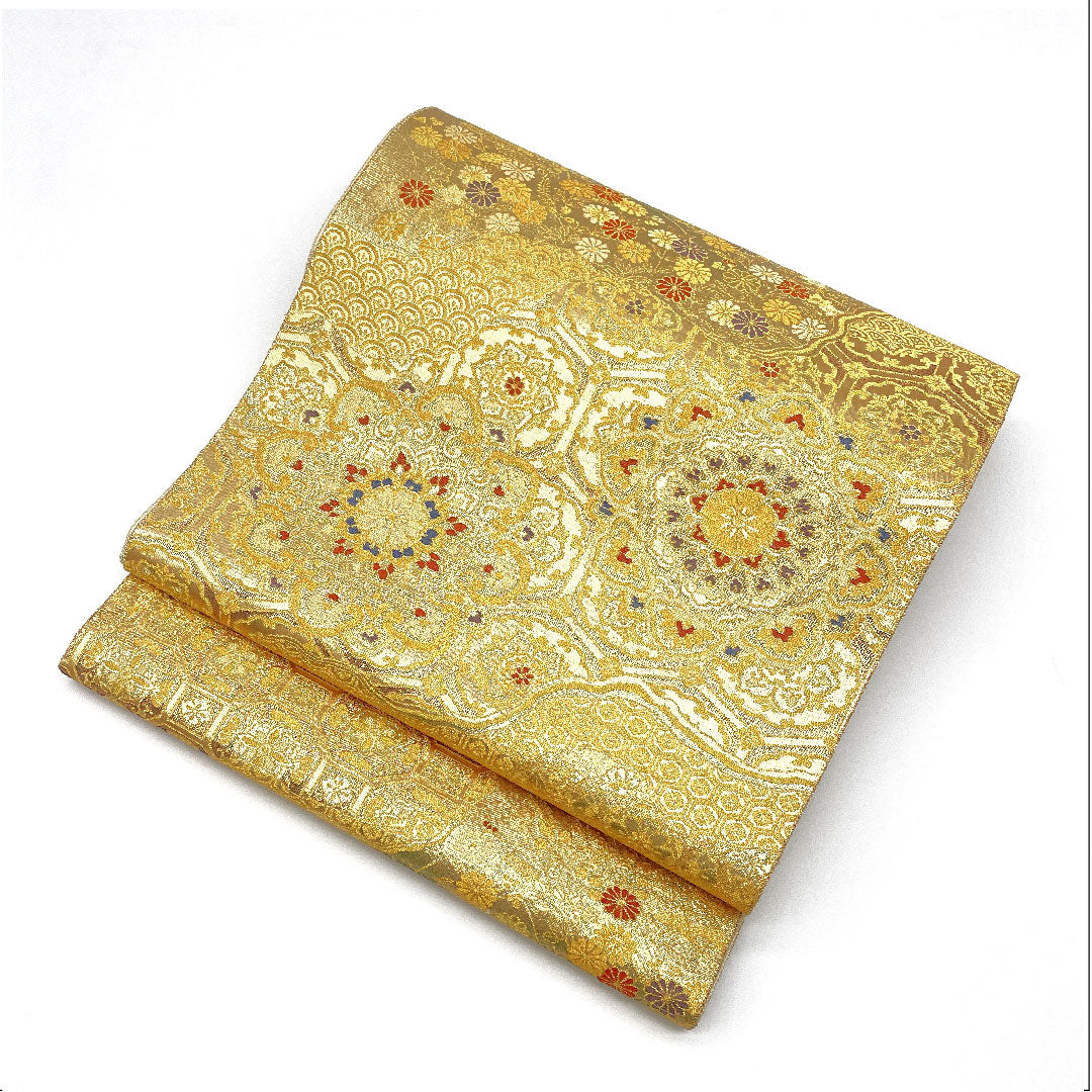 [Unhemmed] Fukuro Obi, Silk, S Rank, Dochō Autumn Grass and Floral Motif, Nagashima Textile, Length 428cm, Rokutsu, Formal, Gold, 1123004692321