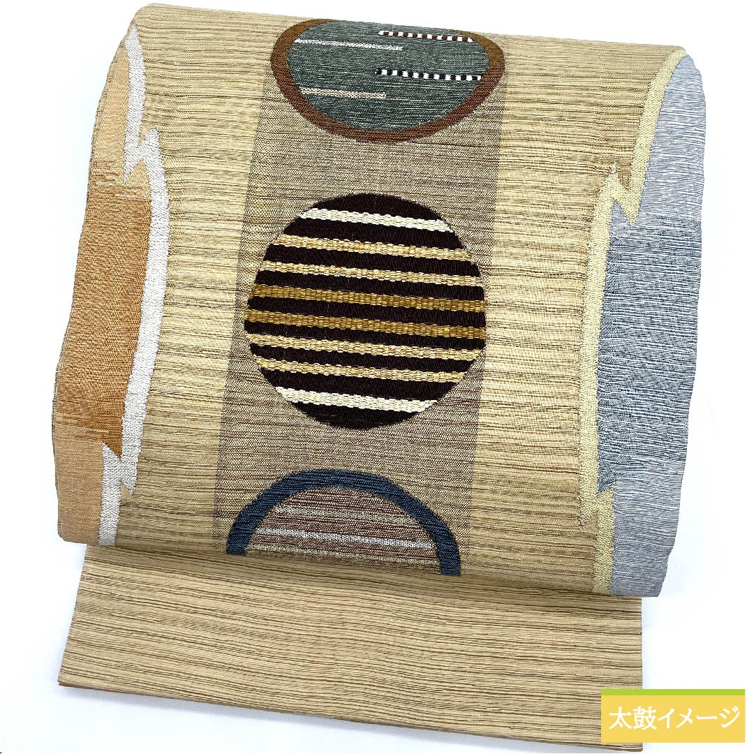 Fukuro Obi, pure silk, Tokyo white brown, circle, geometric pattern, obi length 448cm, S rank, six-pass, casual, beige, 1123011012325