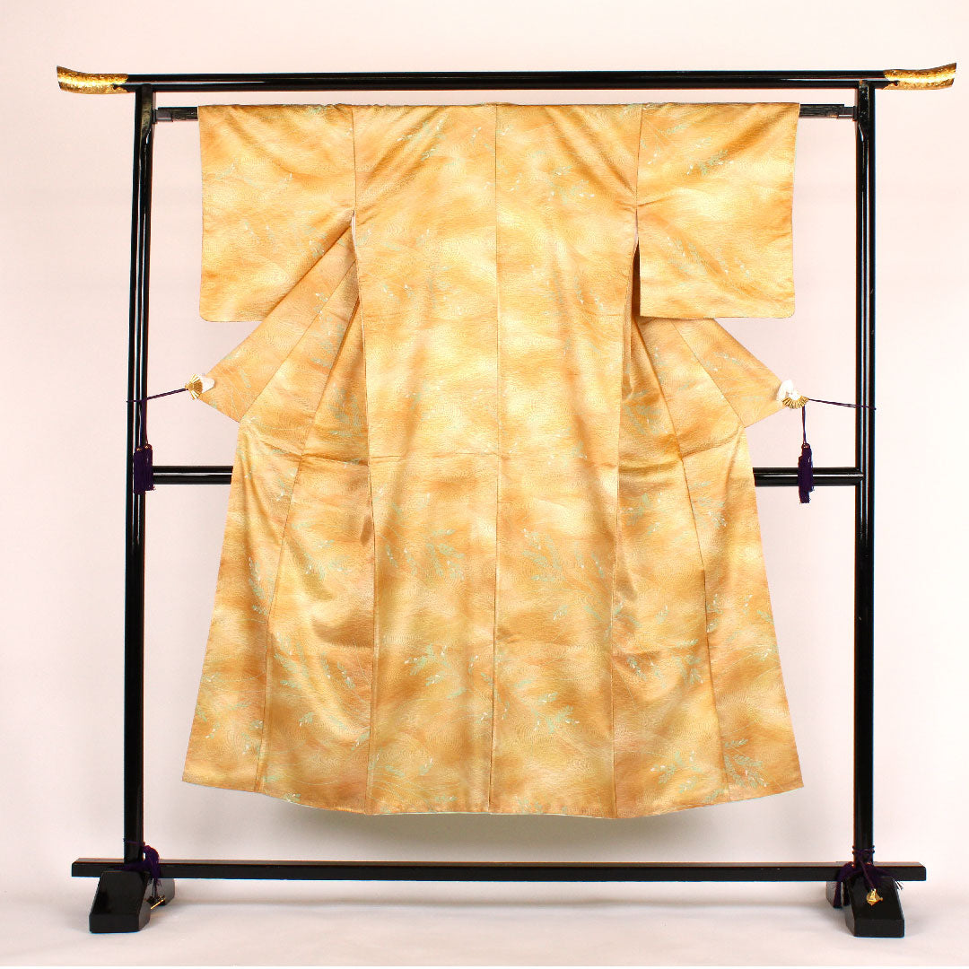 小紋 身丈147.5cm 裄丈61.5cm 袷  洗える着物 流水に葉 ポリ Aランク 黄系 1115000213123