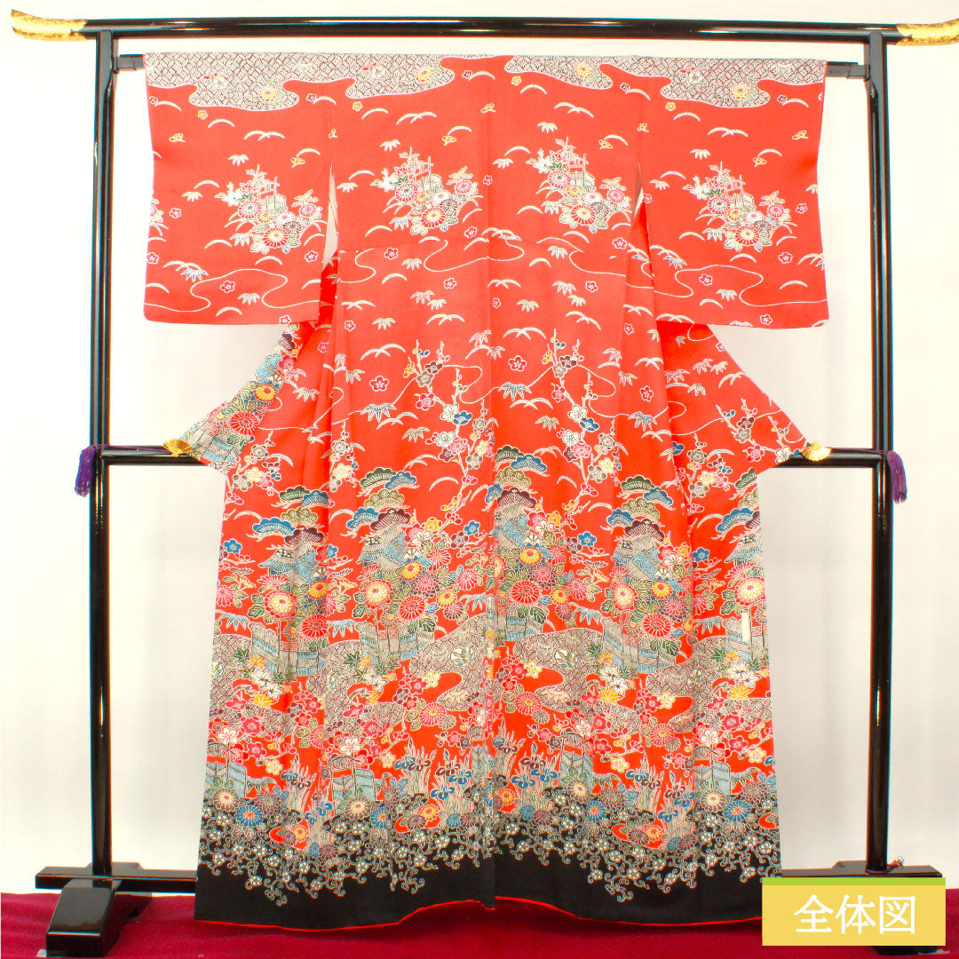 Homongi, pure silk, lined, length 163cm, sleeve length 64.5cm, scarlet, Kyoto Bingata, auspicious motif, S rank, vermilion, 1112004072416