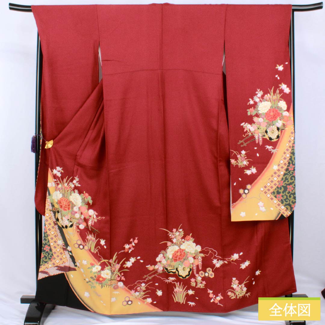 Furisode Pure Silk S Rank Length 163cm Sleeve length 67.5cm Lined Deep Red Kyo-Yuzen Flower Cart Red 1113002892412