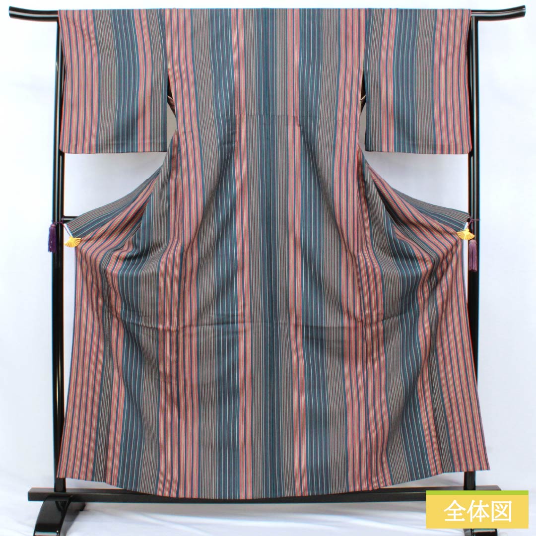 Small-pattern kimono, polyester, S rank, length 162cm, sleeve-to-sleeve 65.5cm, unlined, Berlin blue, stencil-dyed, striped, washable kimono, navy系, 1115007822418