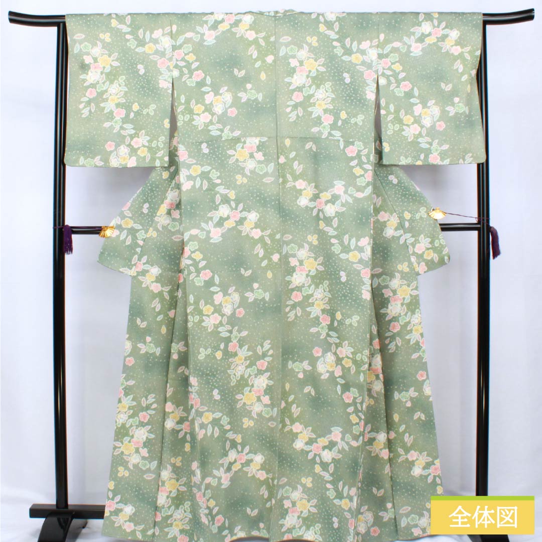 小紋 ポリエステル Sランク 身丈163.5cm 裄丈65cm 袷 裏葉色（うらはいろ） 京友禅 辻ヶ花 緑系 1115006822419