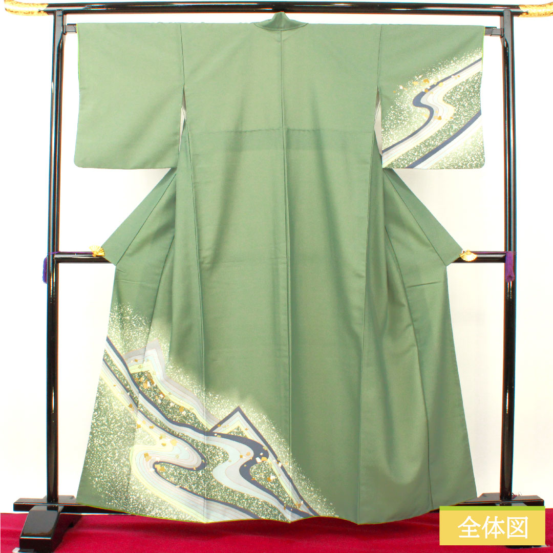 Homongi (formal kimono) made of polyester, lined, length 160.5cm, sleeve length 66cm, Chigusairo (chigusai-iro), washable kimono, flowing water, A rank, green, 1112004603419