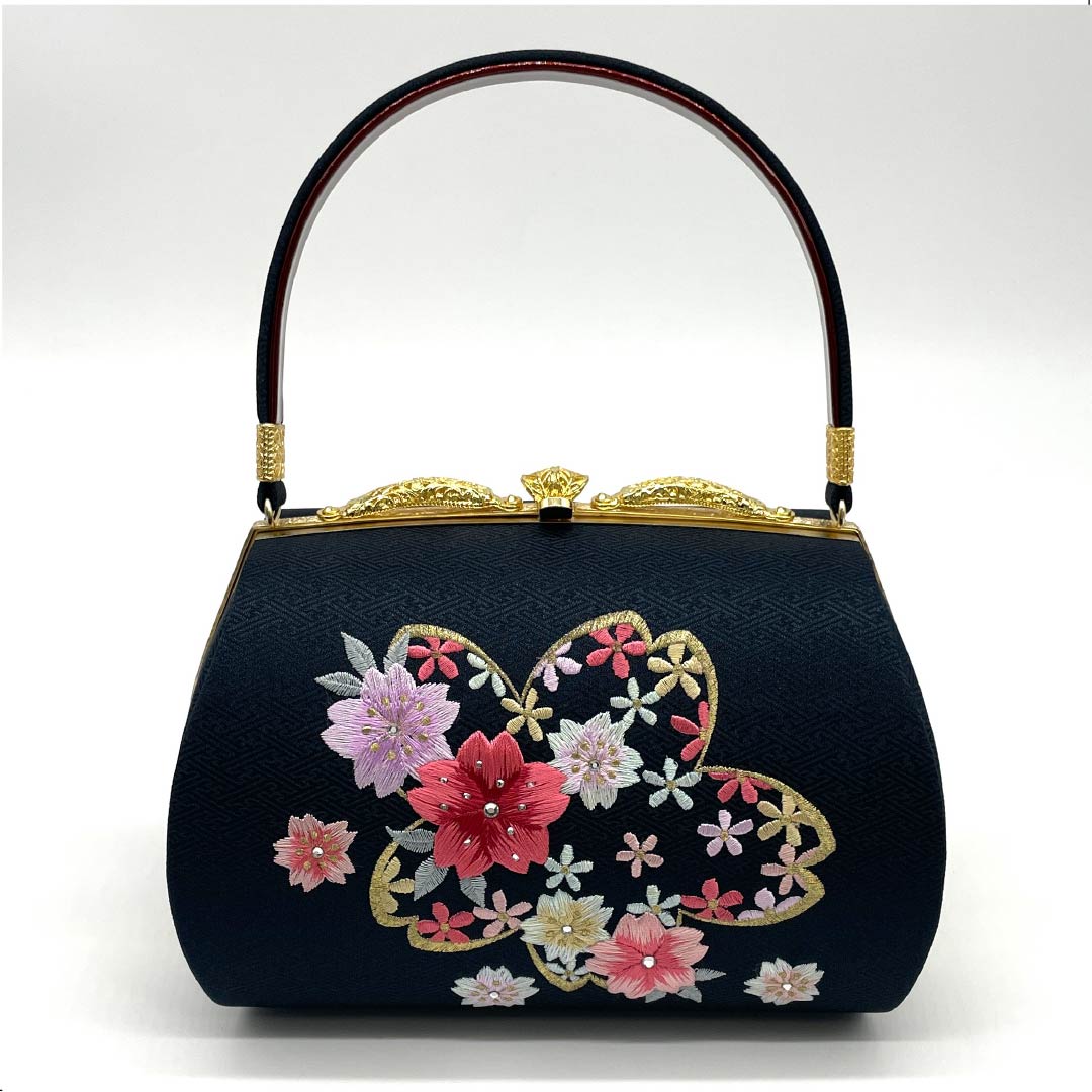 Formal Japanese style bag, black, for long-sleeved kimono, embroidered cherry blossoms, black, A rank, 113900017310