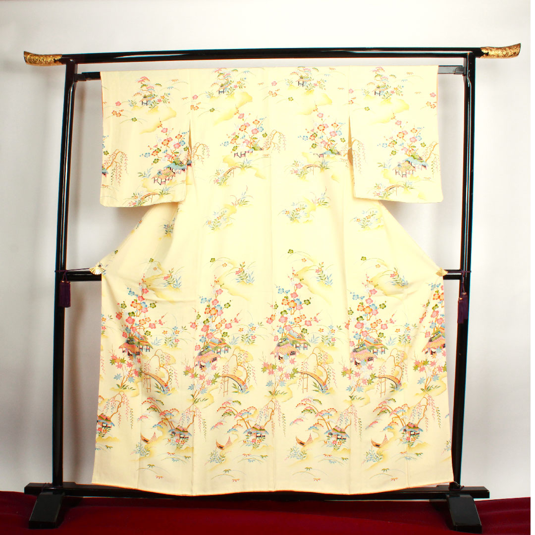 訪問着 袷 身丈158.5cm 裄丈62cm 鳥の子色 松竹梅 茶屋辻模様 正絹 Sランク クリーム系 1112001592315
