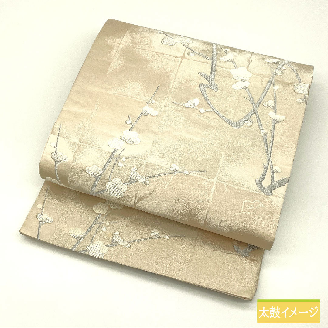 Formal Obi, Polyester, Grade A, White-brown, Plum Blossom Design, Length 426cm, Six-fold, Pink, Item Number 1123016053313