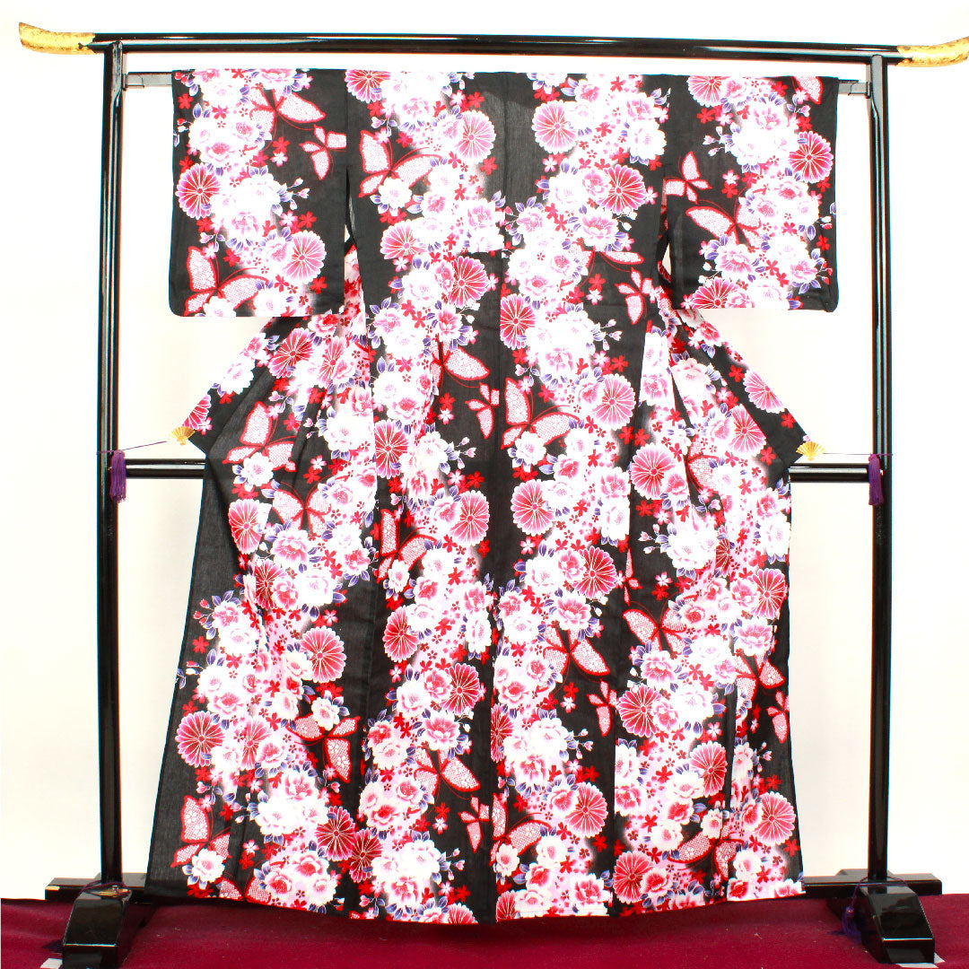 Yukata, Chrysanthemum, Cherry Blossom, Butterfly, Cotton, S Rank, Single Layer, Length 163cm, Sleeve Length 64cm, Black, 1118001522410