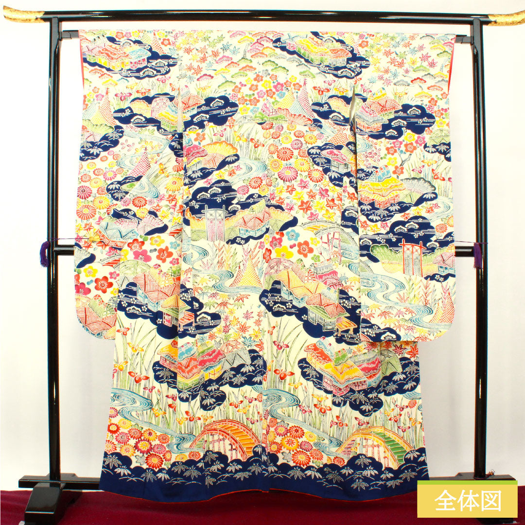 振袖 正絹 身丈160cm 裄丈64.5cm 袷 乳白色（にゅうはくしょく） 京紅型 吉祥文様 Sランク クリーム系 1113002032415