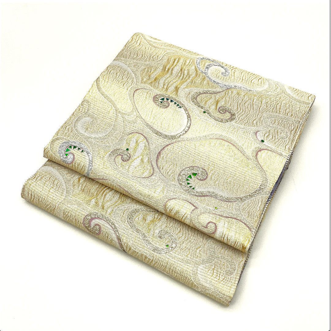 [Unfinished] Fukuro obi, pure silk, NEW rank, Takayama Kobo, Honbukuro, Kanze-ryusui pattern, full length 460cm, full pattern, semi-formal, cream color, 1123003601415
