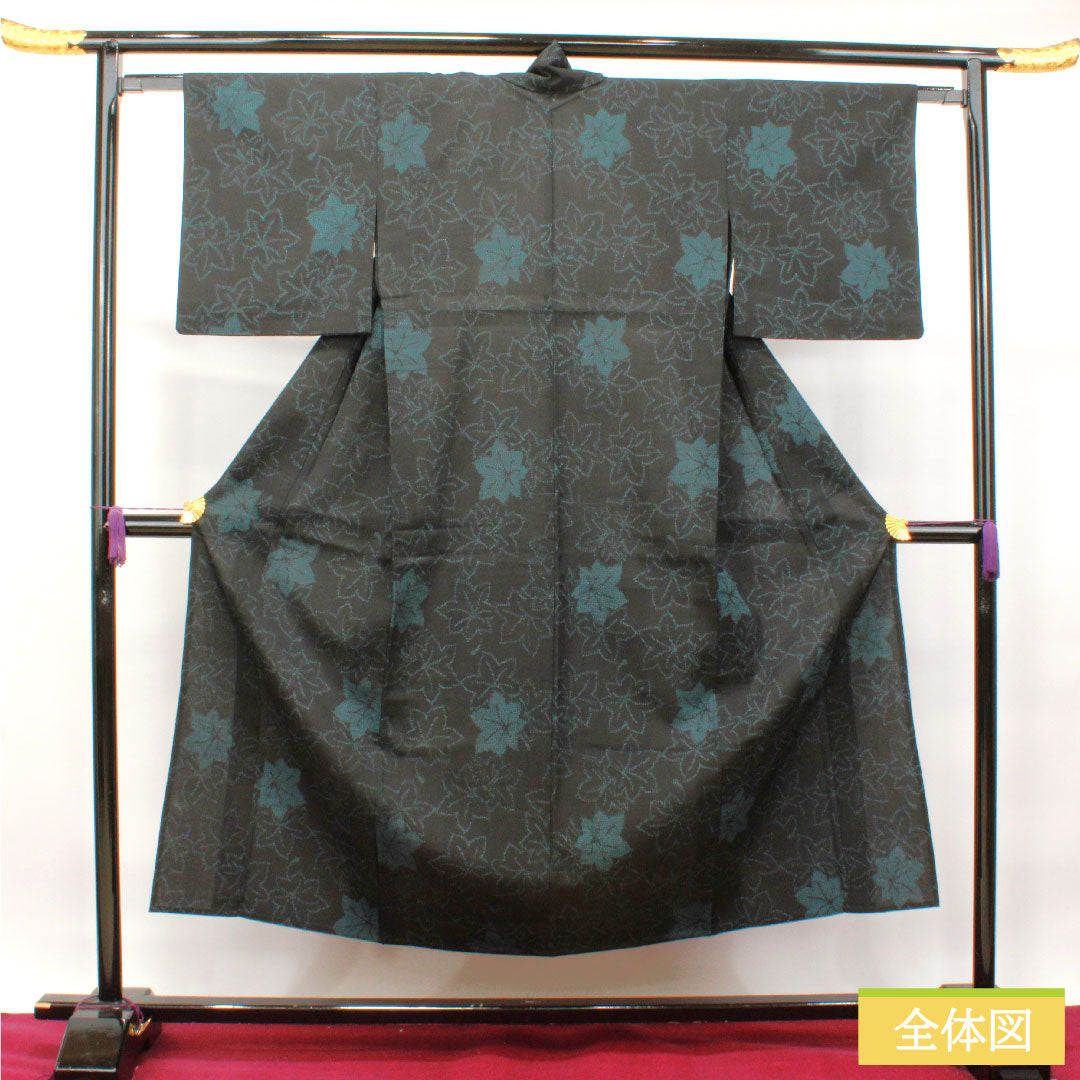 紬 正絹 身丈151.5cm 裄丈62cm  紅葉 Aランク 単衣 黒系 1116003153210