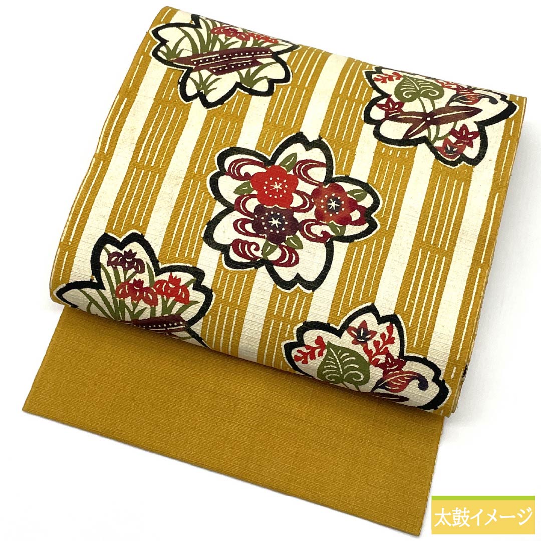 Nagoya Obi, Pure Silk, Grade A, Dark Egg-Colored, Stencil-Dyed, Tsumugi Fabric, Cherry Blossom Design, Length 365cm, Six-Ply, Casual, Yellow, Product Number 1124009303323, Nagoya Style