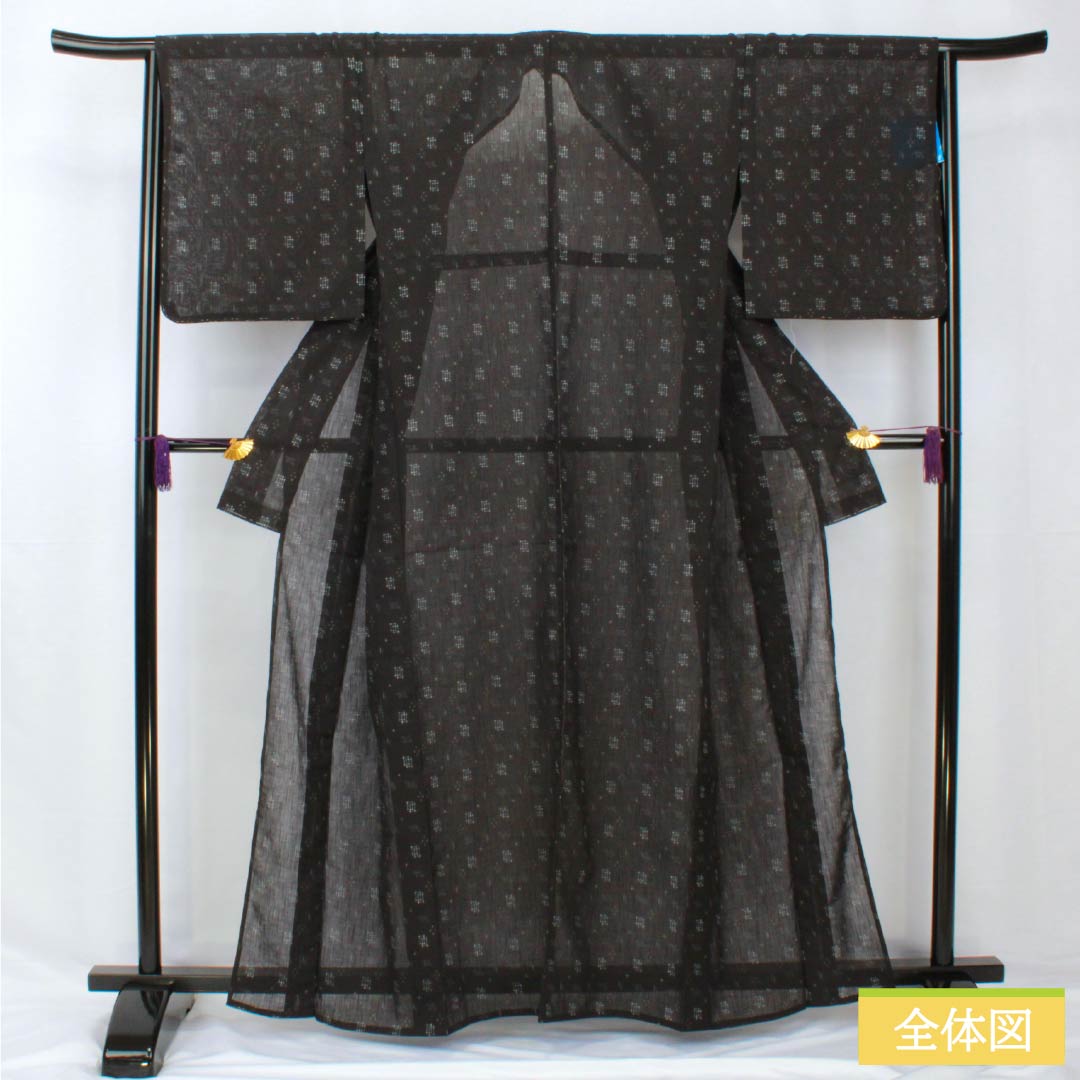 Summer kimono, polyester, small pattern, length 162cm, sleeve length 65cm, Ryukyu Kasuri style, washable kimono, gauze, S rank, black, 1132001952410