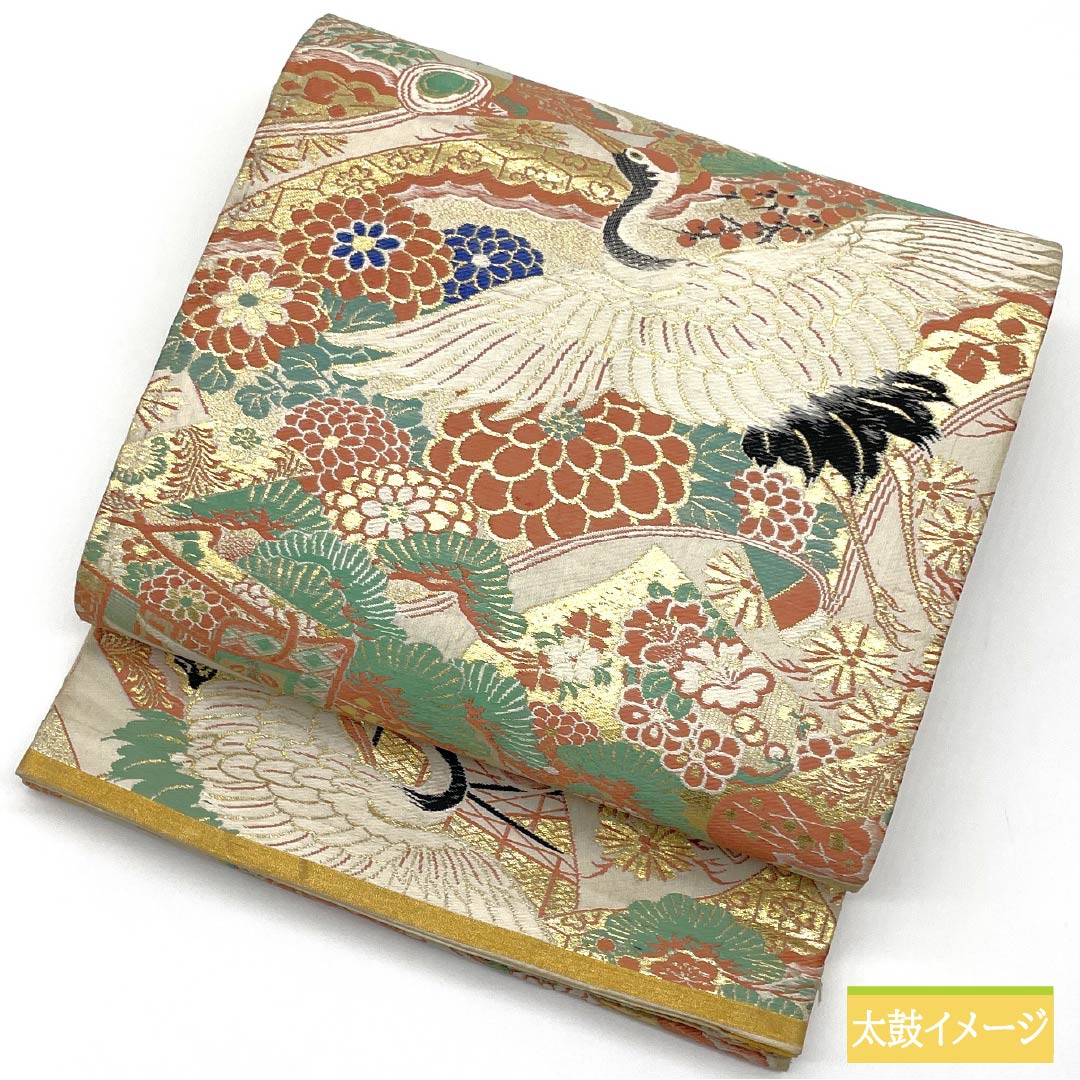 （丸帯）袋帯 正絹 Aランク 丸帯 留袖用 古典柄 鶴 菊 帯丈376cm 全通 フォーマル 金系 1123015773321