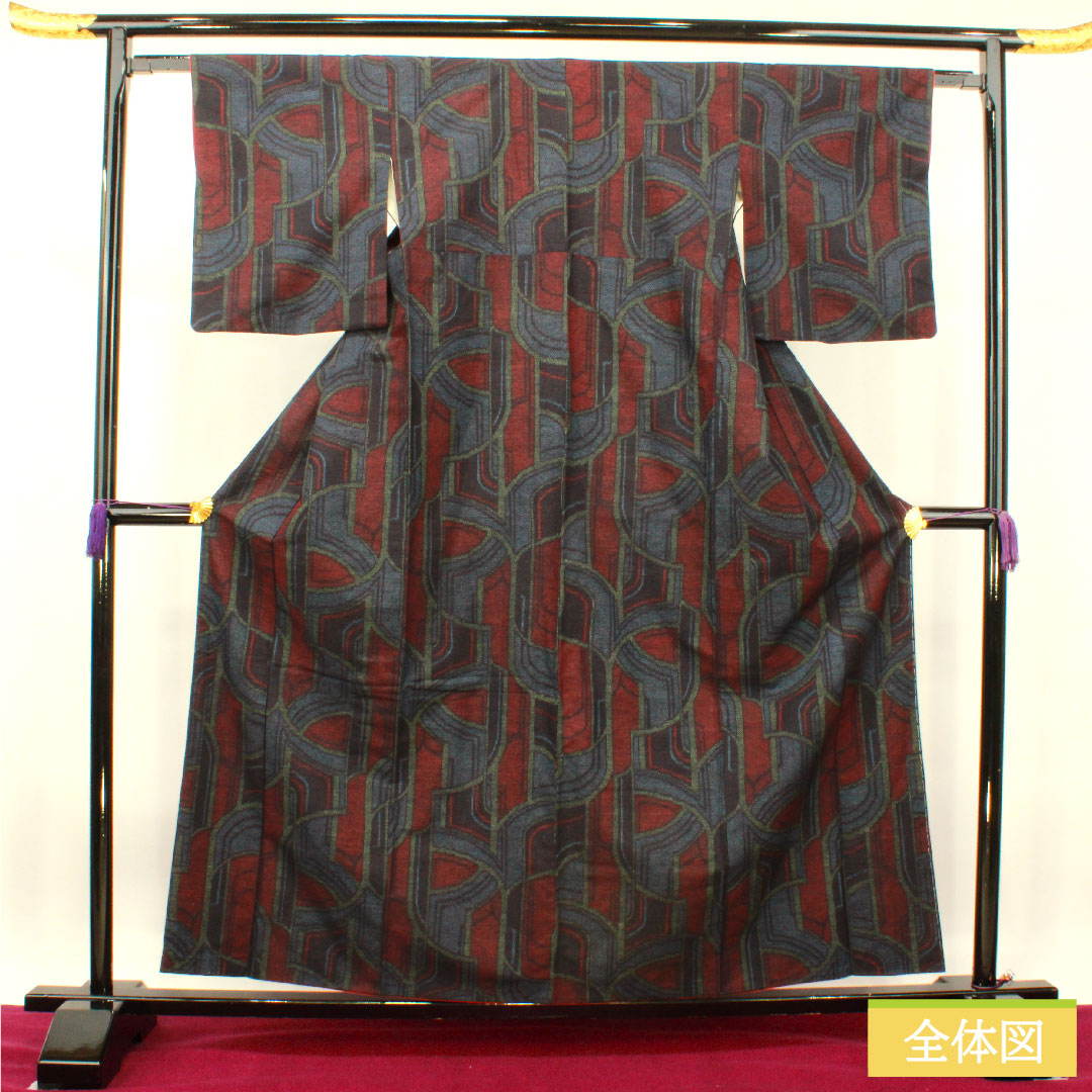 紬 正絹 身丈159cm 裄丈62cm 抽象模様 Sランク 袷 紺系 1116003422318