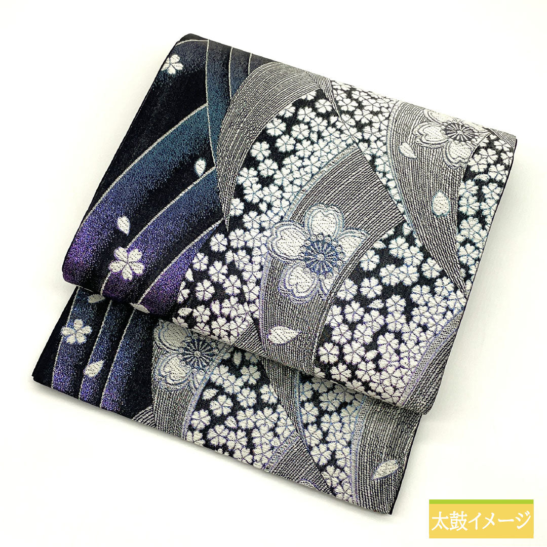 Nishijin-ori Silk Fukuro Obi (Sleeve Belt), S-Rank, Cherry Blossom Design, Formal, Black, 466cm Long, Six-Ply, Suitable for Long-Sleeved Kimono (Furisode). Product Number: 1123016292410