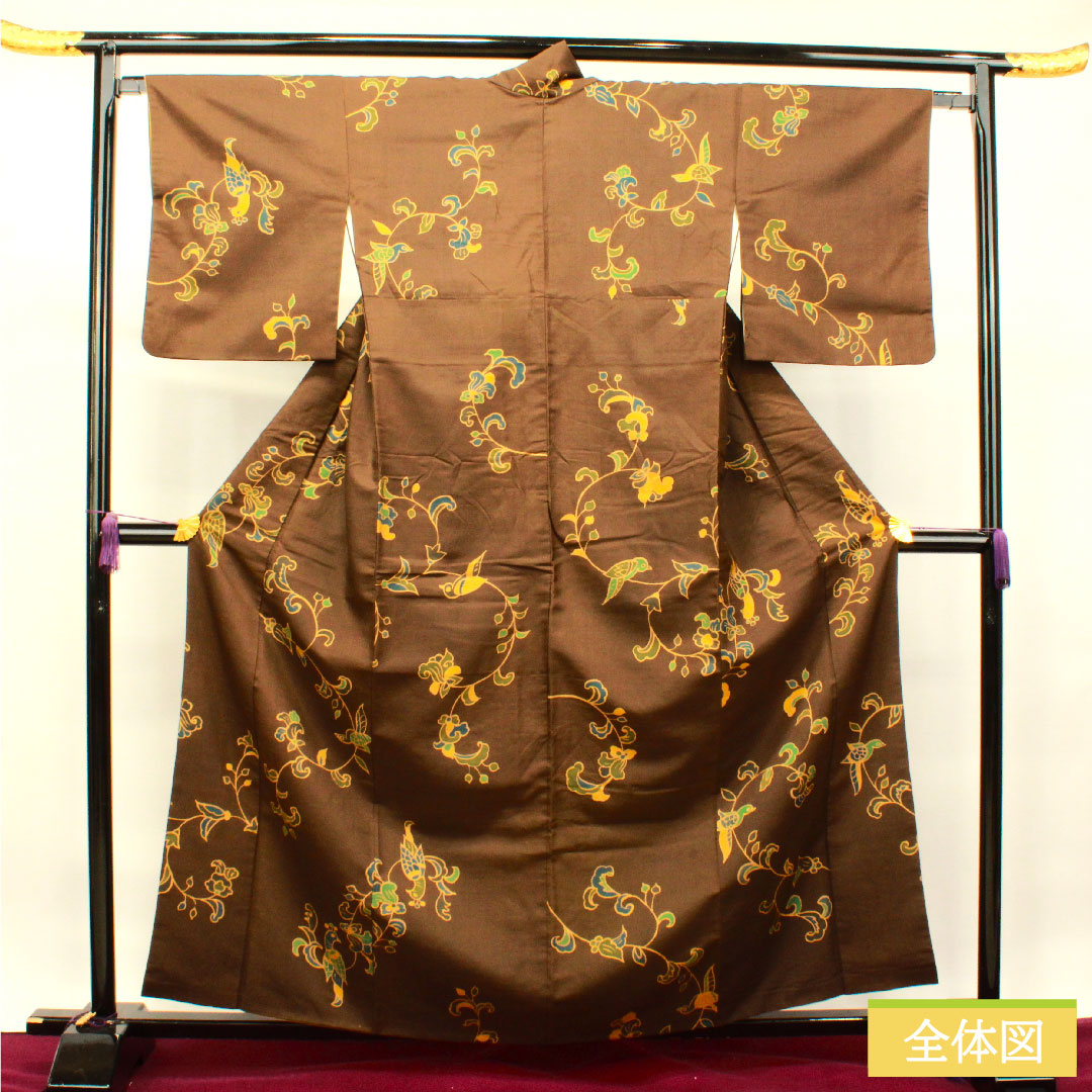 小紋 正絹 身丈162cm 裄丈64.5cm 袷  落栗色 更紗模様  Aランク 茶系 1115003863414