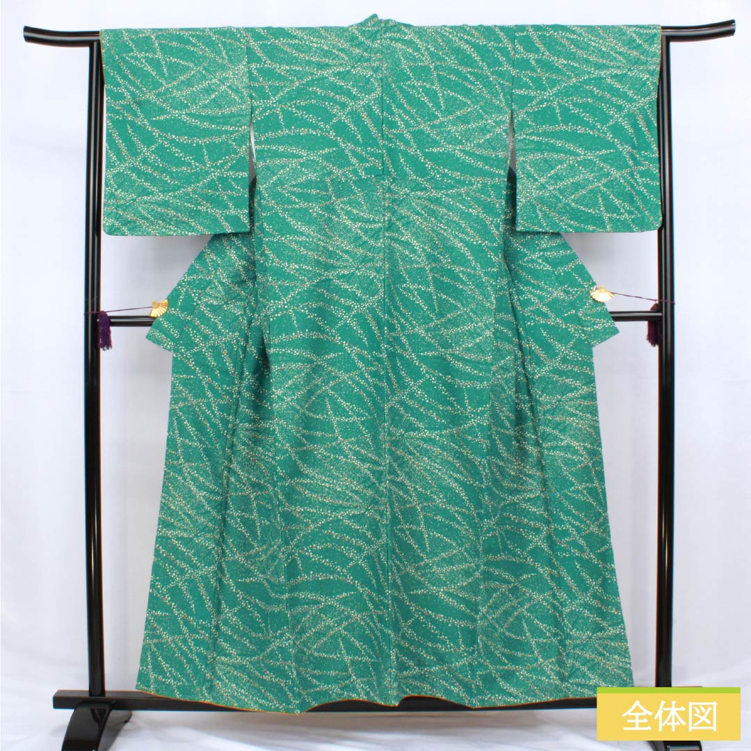 Komon (small pattern) kimono, polyester, length 156cm, sleeve length 64cm, lined, medium indigo blue (nakanoaiiro), polka dot pattern, washable, with basting thread, S rank, green, 1115006222319